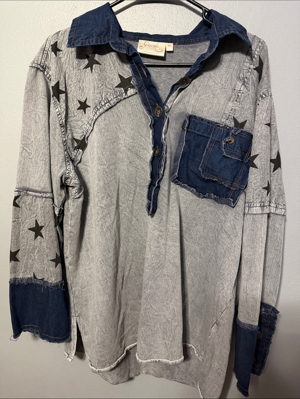 Denim-Trim Grey Star Print Button-Down Shirt